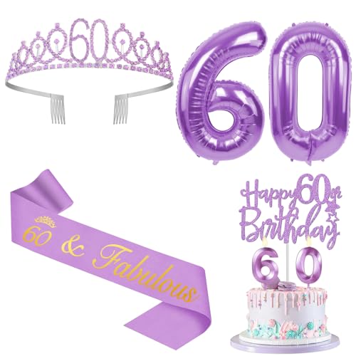 60 Geburtstag Dekorationen für Frauen Lila mit 60 Geburtstag Schärpe und Krone, Tortenaufsatz und Kerzen, Zahlenballons, 60 Jahre alte Geschenke für Frauen 60 Geburtstag Dekorationen für Frauen Lila mit 60 Geburtstag Schärpe und Krone, Tortenaufsatz und Kerzen, Zahlenballons, 60 Jahre alte Geschenke für Frauen von YeohJoy