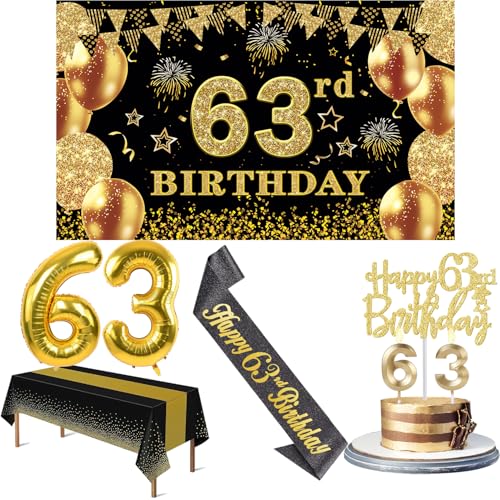 63 Geburtstag Dekorationen Männer Frauen mit Banner zum 63. Geburtstag, Schwarz und Gold Tischdecke, 63 Zahlenballons, 63 Geburtstag Schärpe, 63 Geburtstag Kuchen Topper und 63 Geburtstag Kerzen von YeohJoy