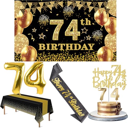 74 Geburtstag Dekorationen Männer Frauen mit 74 Geburtstag Banner, Schwarz und Gold Tischdecke, 74 Zahlenballons, 74 Geburtstag Schärpe, 74 Geburtstag Kuchen Topper und 74 Geburtstag Kerzen von YeohJoy
