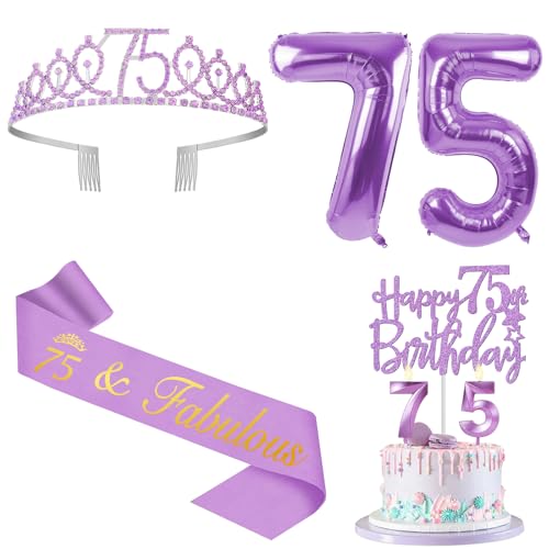 75 Geburtstag Dekorationen für Frauen Lila mit 75 Geburtstag Schärpe und Krone, Tortenaufsatz und Kerzen, Zahlenballons, 75 Jahre alte Geschenke für Frauen 75 Geburtstag Dekorationen für Frauen Lila mit 75 Geburtstag Schärpe und Krone, Tortenaufsatz und Kerzen, Zahlenballons, 75 Jahre alte Geschenke für Frauen von YeohJoy
