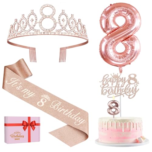 YeohJoy 8. Geburtstag Dekorationen Geschenke für Mädchen einschließlich Schärpe und Tiara, Kerzen Tortenaufsatz, Zahl 8 Luftballons Jahre alte Mädchen, Roségold von YeohJoy
