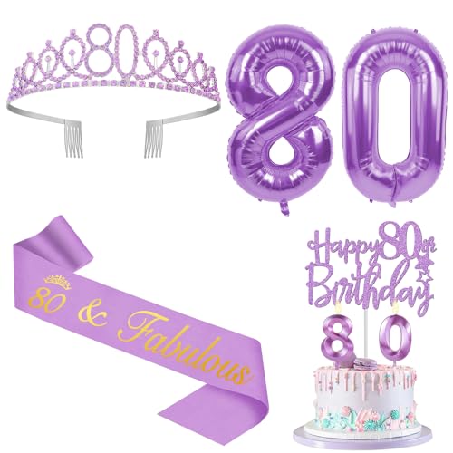 80 Geburtstag Dekorationen für Frauen Lila mit 80 Geburtstag Schärpe und Krone, Tortenaufsatz und Kerzen, Zahlenballons, 80 Jahre alte Geschenke für Frauen 80 Geburtstag Dekorationen für Frauen Lila mit 80 Geburtstag Schärpe und Krone, Tortenaufsatz und Kerzen, Zahlenballons, 80 Jahre alte Geschenke für Frauen von YeohJoy