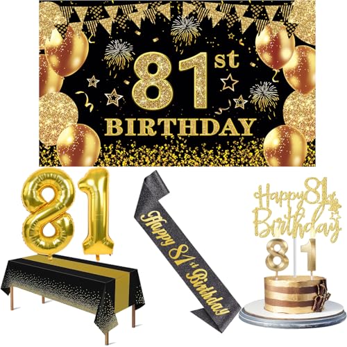81 Geburtstag Dekorationen Männer Frauen mit 81 Geburtstag Banner, Schwarz und Gold Tischdecke, 81 Zahlenballons, 81 Geburtstag Schärpe, 81 Geburtstag Kuchen Topper und 81 Geburtstag Kerzen von YeohJoy