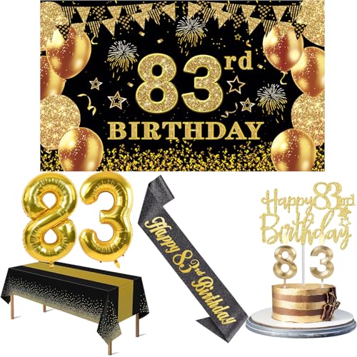 83 Geburtstag Dekorationen Männer Frauen mit 83 Geburtstag Banner, Schwarz und Gold Tischdecke, 83 Zahlenballons, 83 Geburtstag Schärpe, 83 Geburtstag Kuchen Topper und 83 Geburtstag Kerzen von YeohJoy
