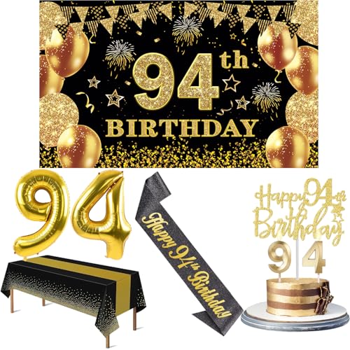 94 Geburtstag Dekorationen Männer Frauen mit 94 Geburtstag Banner, Schwarz und Gold Tischdecke, 94 Zahlenballons, 94 Geburtstag Schärpe, 94 Geburtstag Kuchen Topper und 94 Geburtstag Kerzen von YeohJoy