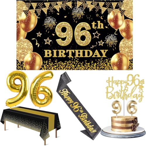 96 Geburtstag Dekorationen Männer Frauen mit 96 Geburtstag Banner, Schwarz und Gold Tischdecke, 96 Zahlenballons, 96 Geburtstag Schärpe, 96 Geburtstag Kuchen Topper und 96 Geburtstag Kerzen von YeohJoy