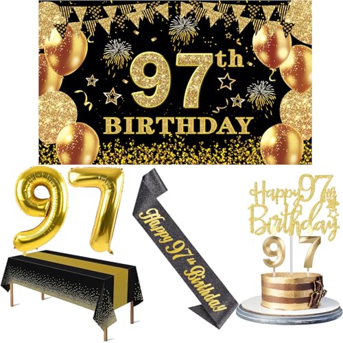 97 Geburtstag Dekorationen Männer Frauen mit 97 Geburtstag Banner, Schwarz und Gold Tischdecke, 97 Zahlenballons, 97 Geburtstag Schärpe, 97 Geburtstag Kuchen Topper und 97 Geburtstag Kerzen von YeohJoy