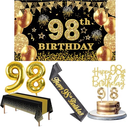 98 Geburtstag Dekorationen Männer Frauen mit 98 Geburtstag Banner, Schwarz und Gold Tischdecke, 98 Zahlenballons, 98 Geburtstag Schärpe, 98 Geburtstag Kuchen Topper und 98 Geburtstag Kerzen 98 Geburtstag Dekorationen Männer Frauen mit 98 Geburtstag Banner, Schwarz und Gold Tischdecke, 98 Zahlenballons, 98 Geburtstag Schärpe, 98 Geburtstag Kuchen Topper und 98 Geburtstag Kerzen von YeohJoy