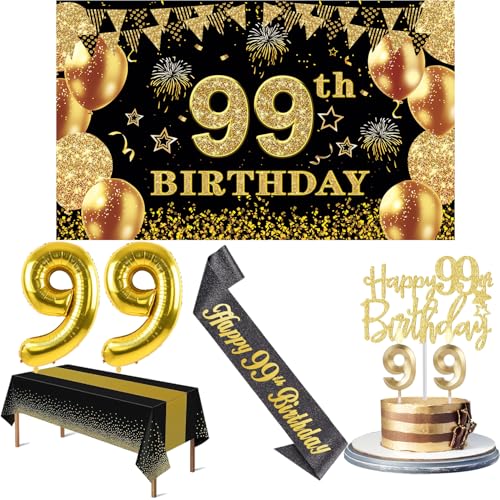 99 Geburtstag Dekorationen Männer Frauen mit 99 Geburtstag Banner, Schwarz und Gold Tischdecke, 99 Zahlenballons, 99 Geburtstag Schärpe, 99 Geburtstag Kuchen Topper und 99 Geburtstag Kerzen 99 Geburtstag Dekorationen Männer Frauen mit 99 Geburtstag Banner, Schwarz und Gold Tischdecke, 99 Zahlenballons, 99 Geburtstag Schärpe, 99 Geburtstag Kuchen Topper und 99 Geburtstag Kerzen von YeohJoy