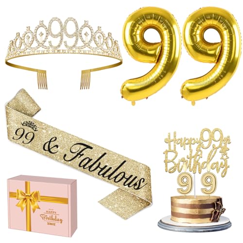 99 Geburtstag Dekorationen für Frauen Gold mit 99 Geburtstag Schärpe und Tiara, Tortenaufsatz und Kerzen, Zahlenballons, 99 Jahre alte Geschenke für Frauen 99 Geburtstag Dekorationen für Frauen Gold mit 99 Geburtstag Schärpe und Tiara, Tortenaufsatz und Kerzen, Zahlenballons, 99 Jahre alte Geschenke für Frauen von YeohJoy