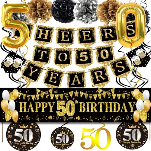 Banner "Happy 50th Birthday", 22 CS, Schwarz und Gold, 50. Geburtstag, Party, 50. Jahrestag, Banner, Zahl 50 Luftballons, Banner zum Aufhängen von YeohJoy