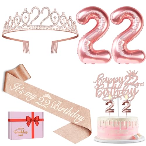 Dekoration zum 22. Geburtstag für Mädchen, inklusive Schärpe und Tiara, 22. Geburtstag Kuchenaufsatz und Zahl 22 Kerzen, 22 Luftballons, 3D-Geburtstagskarte, 22. Geburtstag Geschenke für Mädchen von YeohJoy