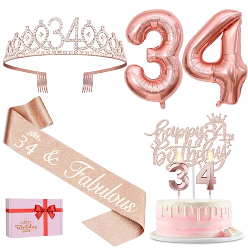 Dekorationen zum 34. Geburtstag für Frauen, einschließlich Schärpe zum 34. Geburtstag, Tiara/Krone, Kerzen und Tortenaufsatz, 34 Zahlenballons, Geschenke zum 34. Geburtstag für Frauen, von YeohJoy