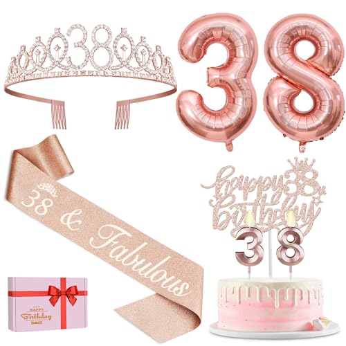 38 Geburtstag Dekorationen für Frauen, einschließlich Schärpe und Diadem, Tortenaufsatz und Kerzen, Zahlenballons, 38 Jahre alte Geschenke für Frauen 38 Geburtstag Dekorationen für Frauen, einschließlich Schärpe und Diadem, Tortenaufsatz und Kerzen, Zahlenballons, 38 Jahre alte Geschenke für Frauen von YeohJoy