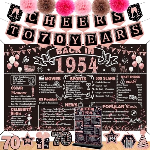 Dekorationen zum 70. Geburtstag für Frauen, 16 Stück "Back in 1954 Banner", 70 Jahre alte Party-Dekorationen, einschließlich Vintage-Banner von 1954, Jubiläumskarte von 1954, Prost bis 70 Jahre, 7 von YeohJoy