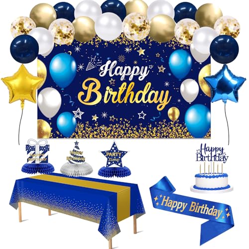 Geburtstagsdekorationen Marineblau Gold – Happy Birthday Banner, Schärpe, Luftballons, Tischdecke, Tortenaufsatz, Kerzen, Tischdekorationen – 35 Stück Partydekoration für Männer und Jungen von YeohJoy