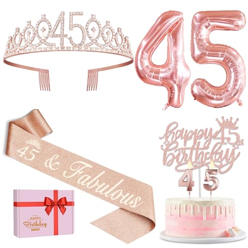 Geschenke zum 45. Geburtstag für Frauen, inklusive Schärpe und Diadem, Geburtstagskuchenaufsatz und Zahl 45 Kerzen, große 45 Luftballons, Dekoration zum 45. Geburtstag für Happy 45th Birthday Party von YeohJoy
