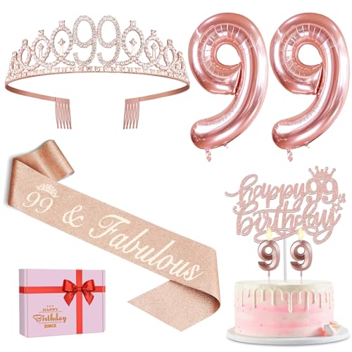 Geschenk zum 99. Geburtstag für Frauen, inklusive Schärpe und Tiara, Geburtstagskuchenaufsatz und Zahl 99 Kerzen, große 99 Luftballons, 99. Geburtstag Dekorationen für Happy 99th Birthday Party Favor von YeohJoy