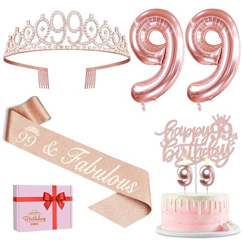 Geschenk zum 99. Geburtstag für Frauen, inklusive Schärpe und Tiara, Geburtstagskuchenaufsatz und Zahl 99 Kerzen, große 99 Luftballons, 99. Geburtstag Dekorationen für Happy 99th Birthday Party Favor Geschenk zum 99. Geburtstag für Frauen, inklusive Schärpe und Tiara, Geburtstagskuchenaufsatz und Zahl 99 Kerzen, große 99 Luftballons, 99. Geburtstag Dekorationen für Happy 99th Birthday Party Favor von YeohJoy