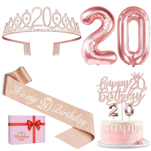 Geschenke zum 20. Geburtstag für Frauen, einschließlich Schärpe und Diadem, Geburtstagskuchenaufsatz und Kerzen, 20 Zahlenballons, 20. Geburtstag Dekorationen für Happy 20 Birthday Party Favor von YeohJoy