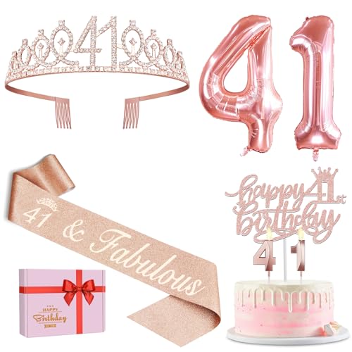 Geschenke zum 41. Geburtstag für Frauen, inklusive Schärpe und Tiara, Geburtstagskuchenaufsatz und Zahl 41 Kerzen, große 41 Luftballons, 41. Geburtstag Dekorationen für Happy 41st Birthday Party Favor von YeohJoy