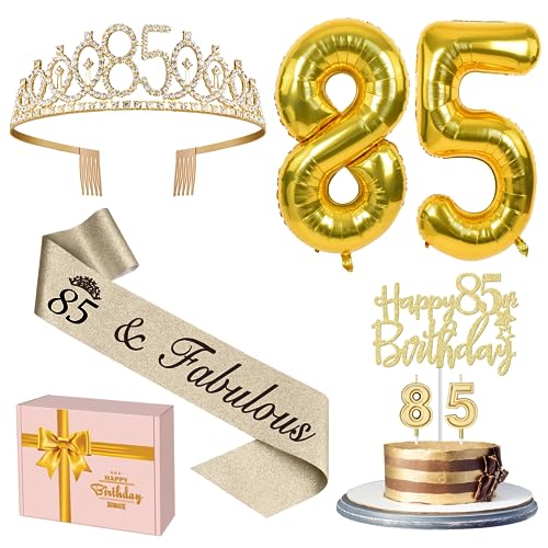 YeohJoy 85. Geburtstag Dekorationen für Frauen Gold: Schärpe, Tiara, Kuchen Topper, Kerzen, Luftballons, Geschenkbox YeohJoy 85. Geburtstag Dekorationen für Frauen Gold: Schärpe, Tiara, Kuchen Topper, Kerzen, Luftballons, Geschenkbox von YeohJoy
