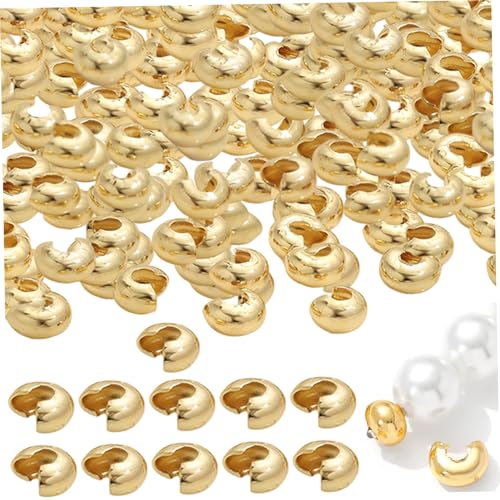 150pcs Crimp-Perlen, 14K Gold-plattierte halbe runde Open-Crimp-Perle 4mm Metallknotenabdeckungskappen für DIY-Schmuckzubehör, Covers, Covers von Yeory