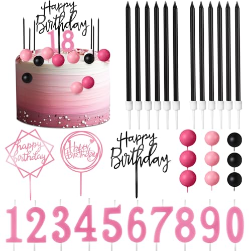 Yerliker 34 Stück Happy Birthday Kuchendekorationen Geburtstagskerzen DIY Kuchendekoration für Männer Frauen Hochzeitstag (schwarz, rosa, rosa) von Yerliker