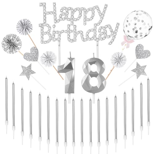Yerliker Glitzer-Kuchendekoration zum 18. Geburtstag, Kerzen, DIY-Kuchendekoration für 18. Geburtstag, Jahrestag, Partyzubehör (Silber), 29 Stück von Yerliker