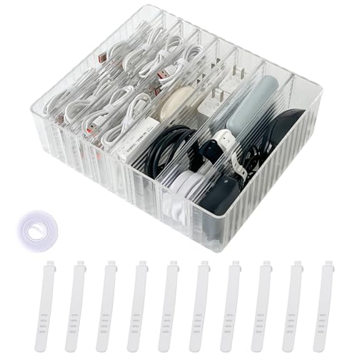 Yesesion Transparente Kabel-Organizer-Box für Schreibtischschublade, Kunststoff-Kabel-Aufbewahrungsbehälter mit verstellbaren Fächern und Kabelbindern für Handy-Ladegerät, Akku, Kunsthandwerk Yesesion Transparente Kabel-Organizer-Box für Schreibtischschublade, Kunststoff-Kabel-Aufbewahrungsbehälter mit verstellbaren Fächern und Kabelbindern für Handy-Ladegerät, Akku, Kunsthandwerk von Yesesion