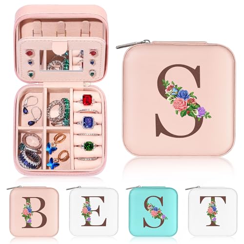 Yesteel Geburtstagsgeschenke für Frauen, Brautjungfer, Mutter, Freundin, Schwester, kleine Reise-Schmuckschatulle, Schmuckbox, Ohrring-Schmuckhalter, Organizer-Box mit Spiegel (Buchstabe S) von Yesteel