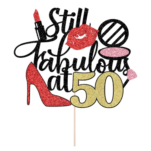 Yetxel Tortenaufsatz mit Aufschrift "Still Fabulous at 50", kosmetische High Heels zum 50. Geburtstag, Jahrestag, Hochzeit, Party, Feier, Kuchendekoration, 50 Stück von Yetxel