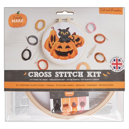 Simply MAKE Kreuzstich Kit Katze und Kürbis Design Halloween, Reifen, Stickgarn, Stoff und Nadel, für Anfänger, Starter Kreuzstich Bastelset, Geschenke, Handwerk Hobbyisten, Halloween Home Decor von Yeuyyben