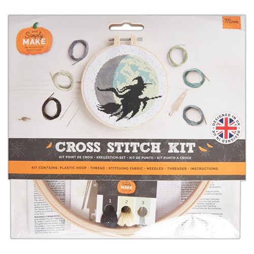 Simply MAKE Kreuzstich-Set Mond Design, Halloween, Reifen, Stickgarn, Stoff und Nadel, für Anfänger, Anfänger, Anfänger, Kreuzstich, Bastelset, tolle Geschenke, Bastel-Hobbyisten von Yeuyyben