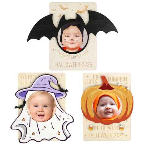 Yewfold Halloween-Bilderrahmen für Babys, erstes Halloween, Fledermaus, Boo Kürbis, Design, Holz, Foto-Wand-Display, Hängedisplay und Heimdekoration (Baby), 3 Stück von Yewfold
