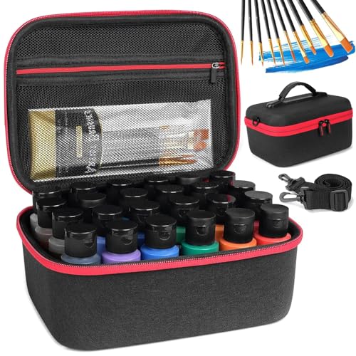 Yewltvep Aufbewahrungsbox für Acrylfarben für 24 Flaschen (60 ml) mit 10 Pinseln, Bastelfarbe, Flaschen-Organizer, Kunstbedarf, Hartschalen-Organizer mit Tasche für Pinsel, Palettenbrett von Yewltvep
