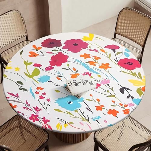 Yeylyn Runde Tischdecke mit buntem Blumenmuster, mit elastischer Tischdecke, wasserdicht, abwischbar, runde elastische Tischdecke, 101,6 cm - 111,8 cm, runde Tischdecke für Picknick, Esszimmer von Yeylyn
