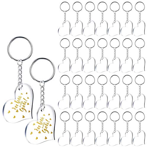 Yheonver 30 Rohlinge Klare Acrylrohlinge Herzform Normales Acryl und 30 StüCk SchlüSsel Kette Metall SchlüSsel Ringe für DIY Projekte Basteln von Yheonver