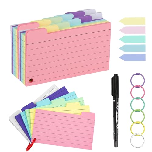 300 Stück Linierte Karteikarten,Flash Cards Vokabelkarten,Lernkarten Moderationskarten Cards,Vokabelkarten Bunt mit 6 Binderinge für Unterwegs Lernen Notizen Schule Büro Zuhause,127 x 80mm von Yhjxly