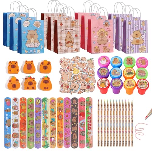 Yhjxly 110Pcs Capybara Cartoon Geburtstag Geschenk Set, Capybara-Geburtstagkinder Supplies, Capybara Theme Party Mitgebsel mit Geschenktüten Radiergummi Buntstifte Slap Armbänder Aufkleber Stempel von Yhjxly