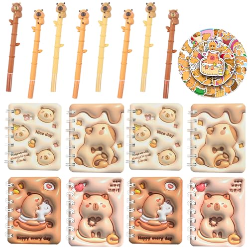 Yhjxly 66Pcs Capybara Schreibwaren Set,Capybara Party Mitgebsel,8Pcs Mini Notizbuch, 8Pcs Cartoon Gelschreiber, 50Pcs Aufkleber,Capybara Schule Bürobedarf,Für Mädchen Jungen Theme Party Geschenke von Yhjxly