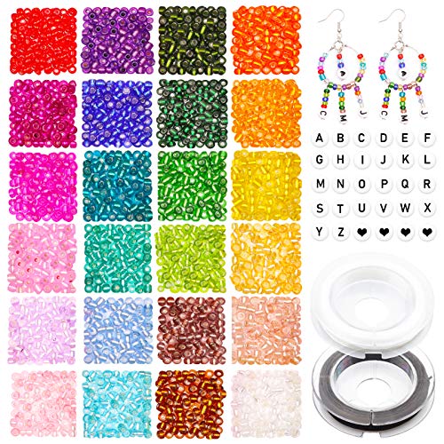 1920 Stück 4mm Glasperlen zum Auffädeln Rocailles Perlen kleine Bastelperlen und 270 Alphabet Buchstaben Perlen mit 2 Rollen Schnur für DIY Armbänder Halsketten Schmuck machen und Handwerk von Yholin