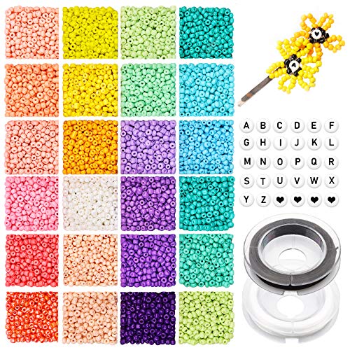 4800 Stück 3mm Glasperlen und 270 Stück Buchstabenperlen, Rocailles Perlen zum Auffädeln Bunte Kleine Bastelperlen mit Elastischer Schnur für DIY Armband Halsketten Schmuck Machen Set von Yholin