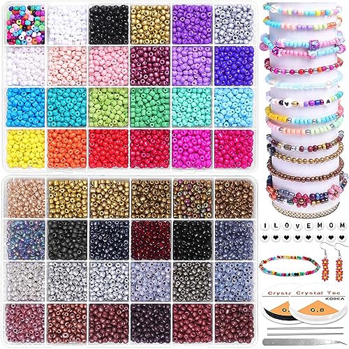 Yholin 4mm Perlen zum Auffädeln 7200 Stück Glasperlen 48 Farben Rocailles Perlen Set und 270 Stück Buchstaben Perlen mit Pinzette Elastische Schnur für DIY Armband Halsketten Basteln für Erwachsene von Yholin