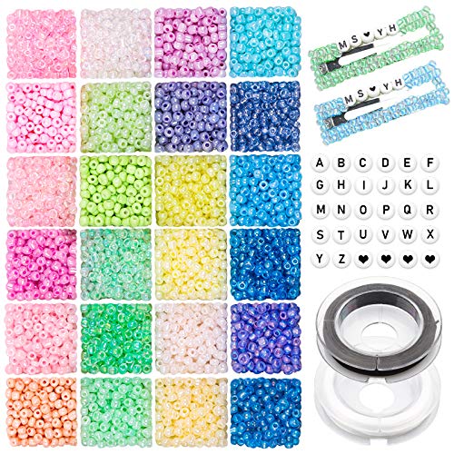4mm Rocailles Perlen Set für Schmuckherstellung, 1920 Stück Glasperlen zum Auffädeln Armband Perlen und 270 Alphabet Buchstaben Perlen mit Elastischer Schnur für DIY Armband Halsketten Schmuck Machen von Yholin
