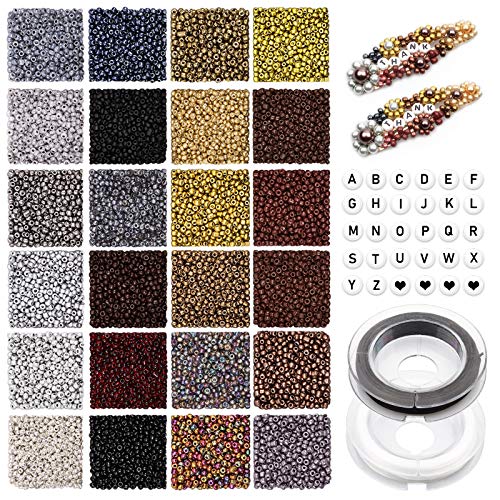 Glas Perlen Set, 7200 Stück 2mm 12/0 Rocailles Perlen Glas Kleine Perlen und 270 Stück Alphabet Buchstaben Perlen mit 2 Rollen Schnur für DIY Armband Halsketten Schmuck Machen Schmuckherstellung von Yholin