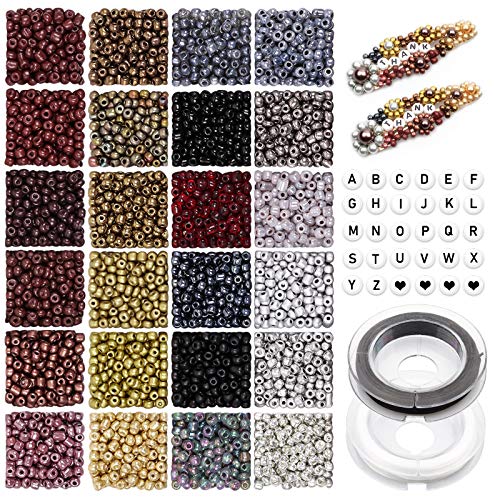 Perlen zum Auffädeln, 1920 Stück 4mm 6/0 Rocailles Perlen Pony Glasperlen und 270 Stück Buchstabenperlen mit 2 Rollen Schnur für DIY Armbänder Ohrringe Halsketten Dekorationen von Yholin