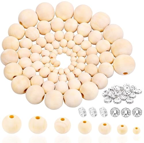 Yholin Holzperlen 1050 Stück Natur Holzperlen zum Auffädeln für Makramee, 7 Größen 6mm, 8mm, 10mm, 12mm, 14mm, 16mm, 20mm Holzkugeln mit Rondelle Spacer Perlen Bastelnperlen für DIY Schmuck Handwerk von Duomi