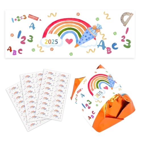 54 Schokoladenbanderole Schulanfang, Pralinenaufkleber, Endlich Schulkind 2025, Selbstklebend Sticker Regenbogen Einschulungsparty, Einschulungsgeschenke Schultüte Mädchen von Yi'antai