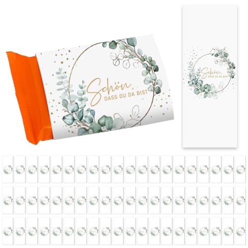 60 Schokoladenbanderole Eukalyptus, Schön dass du da bist Sticker Schokolade Aufkleber, Gastgeschenk zur Hochzeit Geburtstag Mini Schokoladen, Taufe Konfirmation Kommunion Sticker von Yi'antai